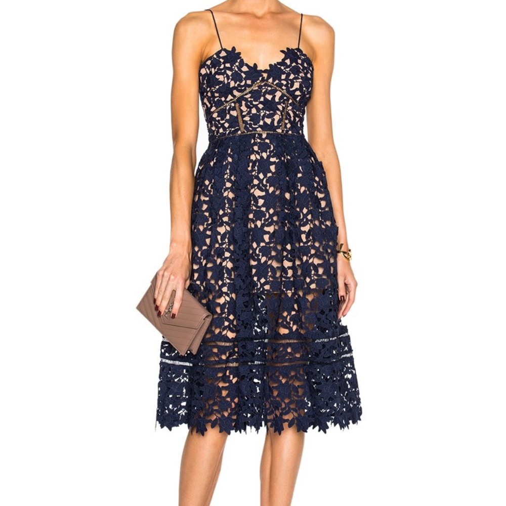 Bloomingdale's Navy Blue Lace Midi Dress